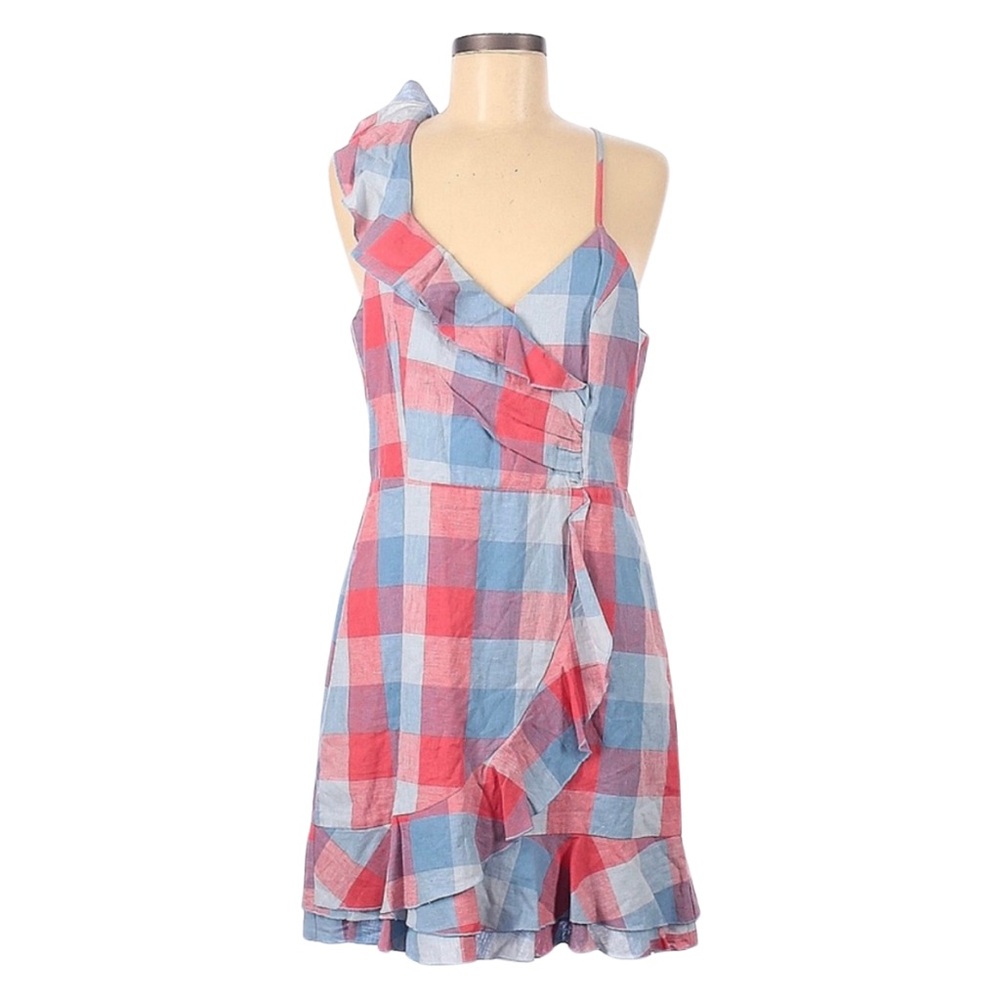 PARKER One Shoulder Plaid Dress Size Large Pink Blue Checkered Ruffle Wrap